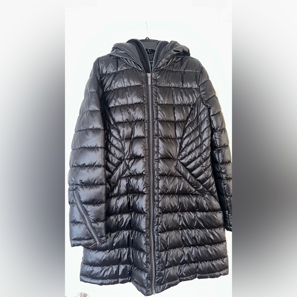 French Connection Quilted Black Puffer with hoodie detail